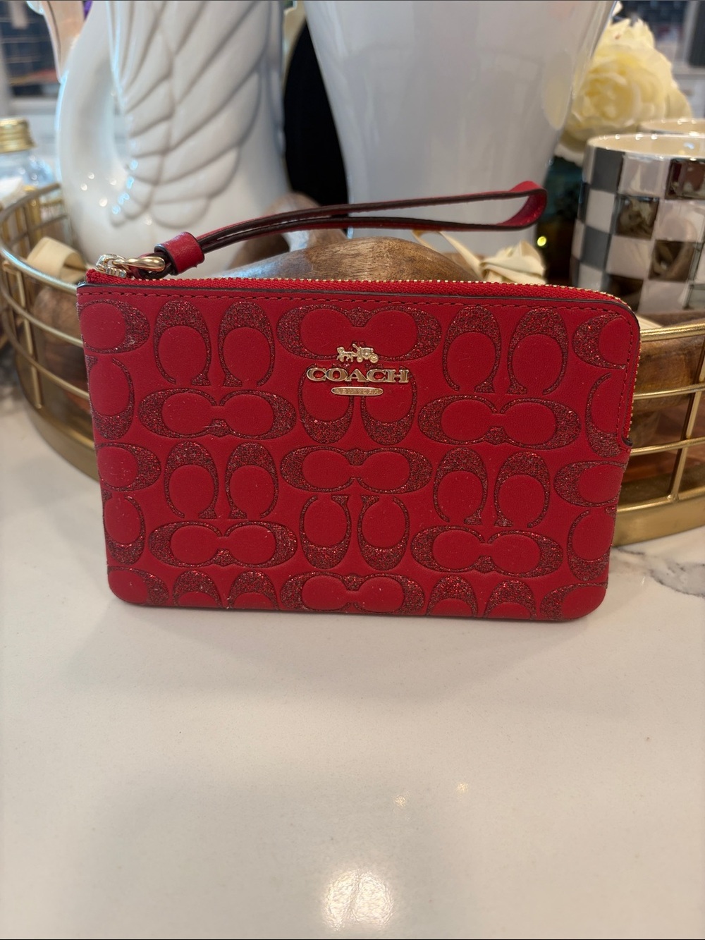 Coach corner zip wristlet in Red Glitter NWT